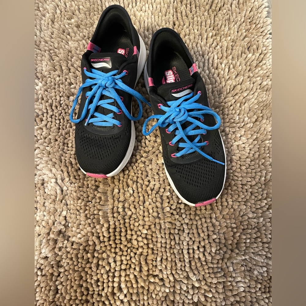 Skechers Women's Black Sneakers with Blue and Pink Accents